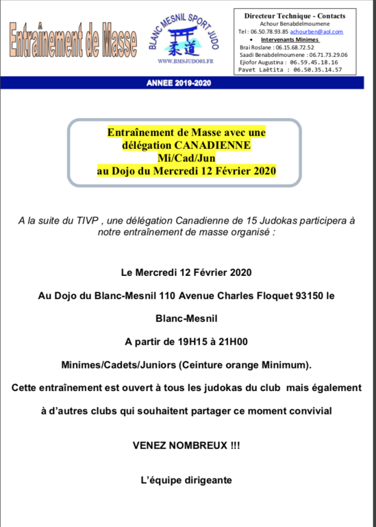 Entraînement de Masse avec une délégation CANADIENNE  Mi/Cad/Jun au Dojo de Blanc Mesnildu Mercredi 12 Février 2020
