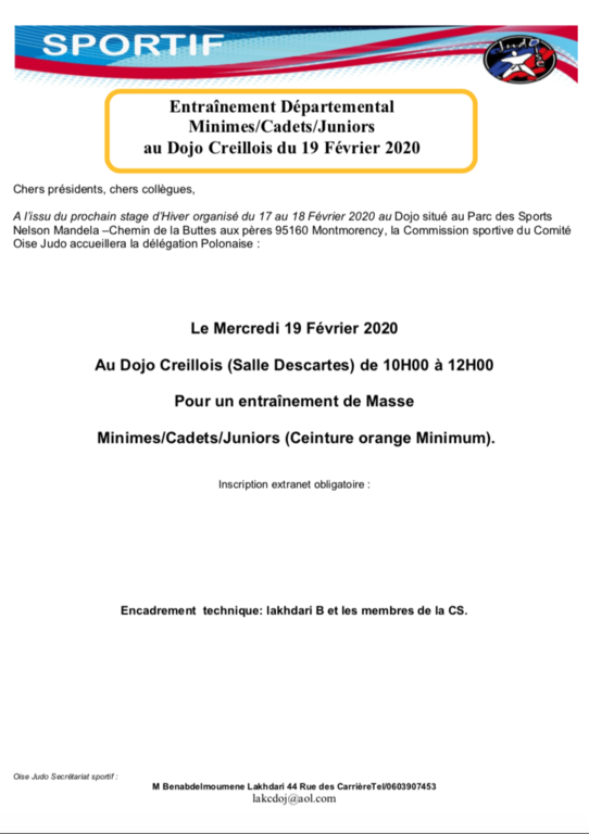  Entraînement Départemental Minimes/Cadets/Juniors au Dojo Creillois du 19 Février 2020