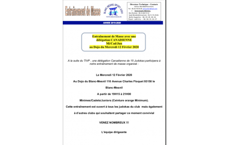 Entraînement de Masse avec une délégation CANADIENNE  Mi/Cad/Jun au Dojo de Blanc Mesnildu Mercredi 12 Février 2020